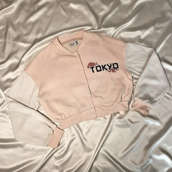 Urban Planet Tokyo Print Pink and White Women's Varsity Jacket Cropped - Picture 2 of 4